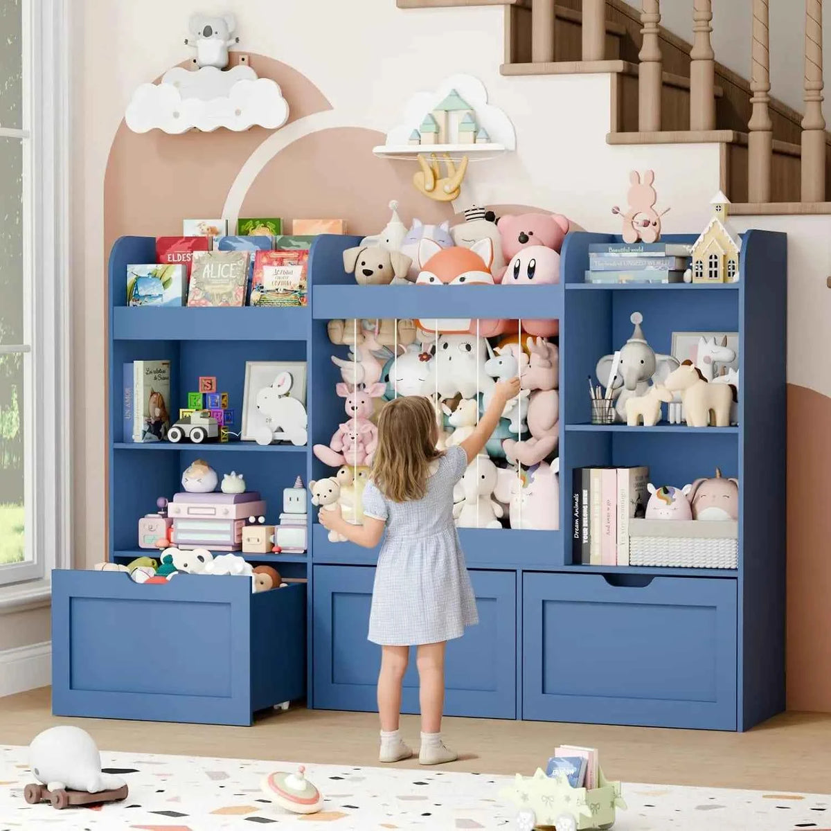 61" W Toy Organizer with Stuffed Animal Storage ＆ 3 Tier Bookshelf
