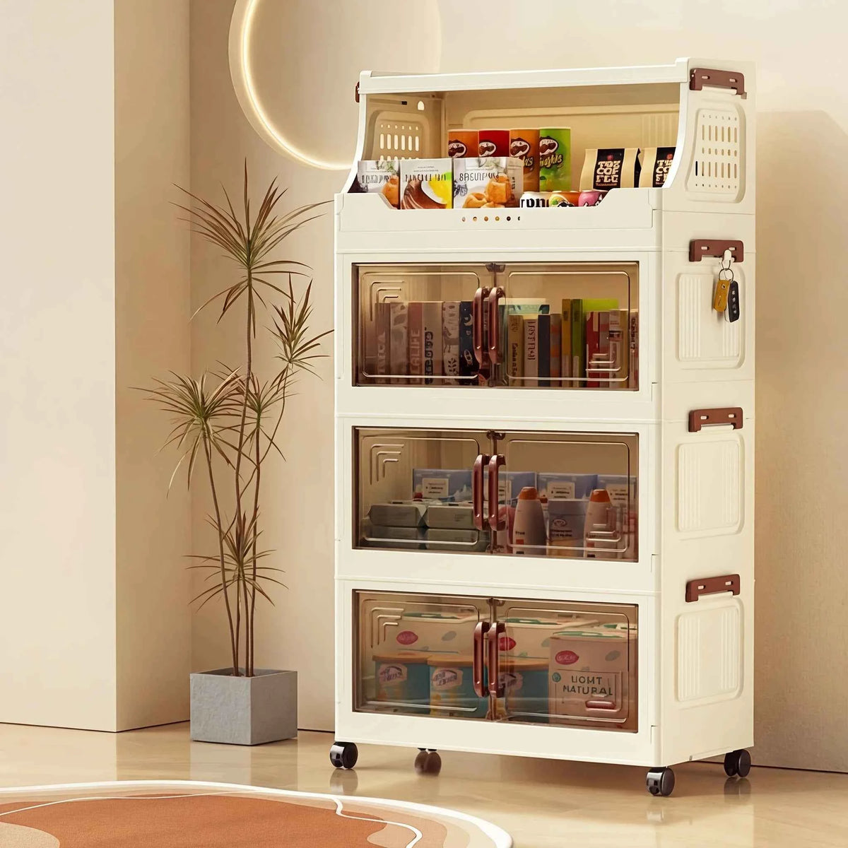 3/4-Tier Storage Cabinet with Wheels, Freestanding Kitchen Pantry Organizer with Flip Top & Transparent Doors, Plastic Rolling Storage.