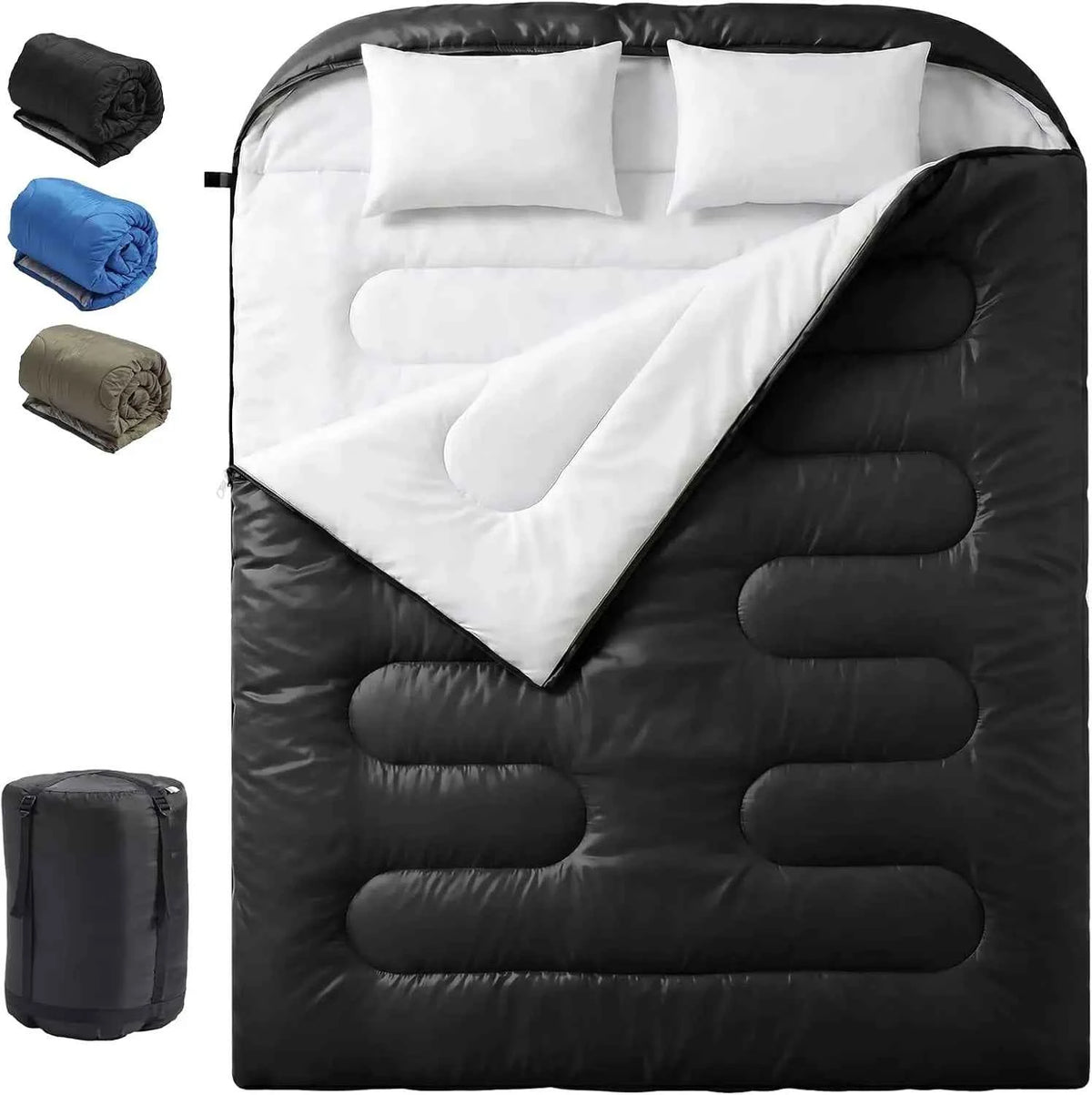 Queen Size 2 Person Lightweight 3 Season Double Sleeping Bag, Built-In Pillow, Full Zipper Design. Warm /Cold Weather. For Camping, Hiking. Backpacking