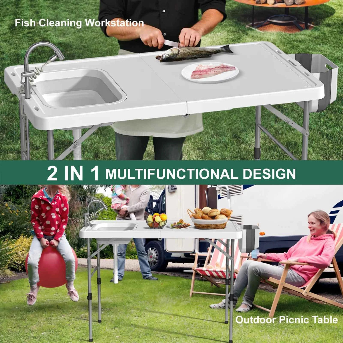 42.5"  Table with Sink, Folding Camping  Cleaning Station with Measure, Mark & Hose Hookup, Outdoor Fillet Table for Picnic, Beach, Patio, White