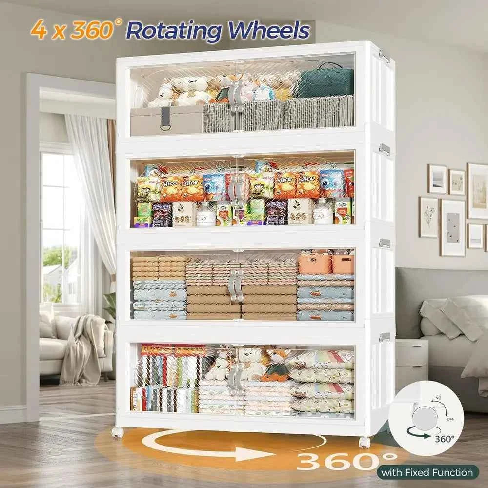 Extra Large Stackable Storage Bins with Lid, Wheels, and Collapsible Closet Organizers, 4-Pack White
