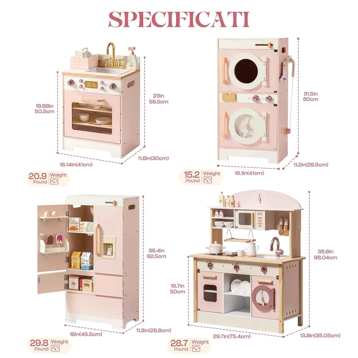 Robud Kids Wooden Pink Play Kitchen. All in 1 Corner Set Includes Oven, Refrigerator. Washer. Perfect Birthday Gift for Little Chefs.