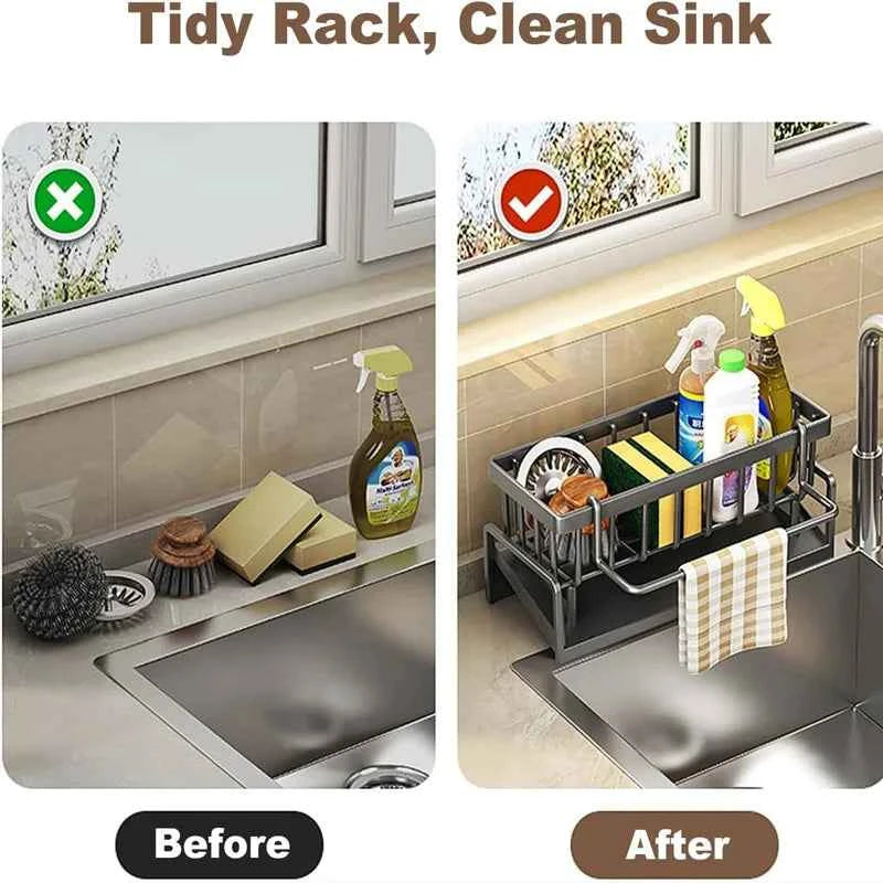 Kitchen Sink Organizer Carbon Steel with Tilted Water Tray Storage Rack for Sponge Brush 23×9×10cm