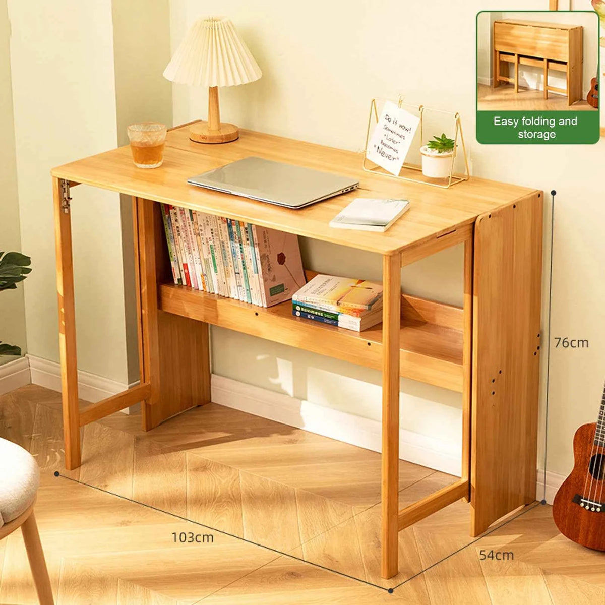 Bamboo Foldable Desk 40.6 Inch, Folding Desks for Small Spaces, Mid Century Small Computer Desk with Bookshelf. Brown, Primary Color