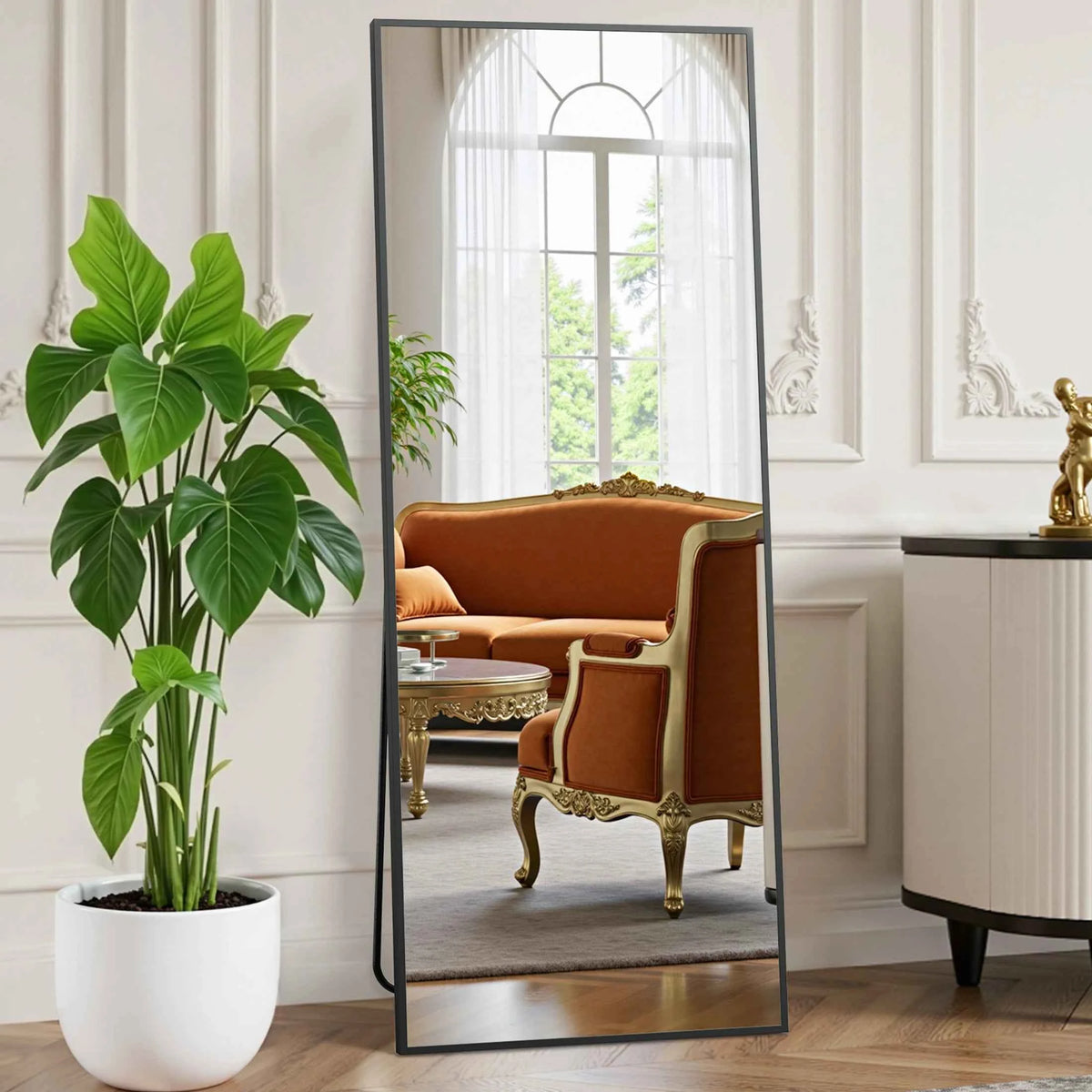 JHK Full Length Mirror with Stand., Tempered Glass, Aluminum Frame for Hanging or Leaning. Full Body.