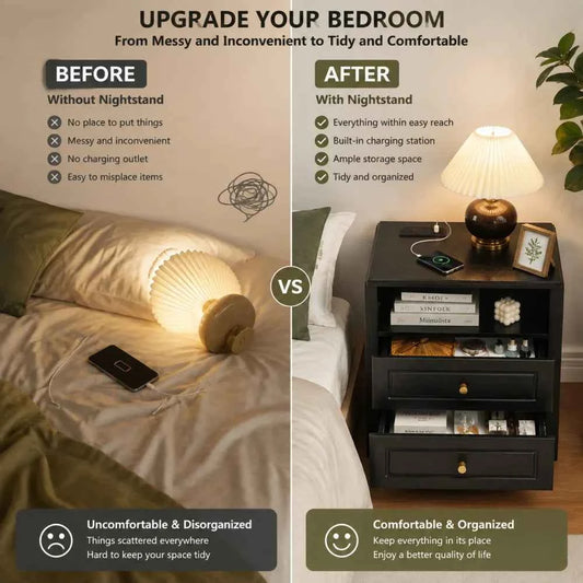 Nightstand with Charging Station, 2 Drawers and Open Shelf. With USB Type C Port & AC Outlet. Farmhouse Storage Cabinet.  Black