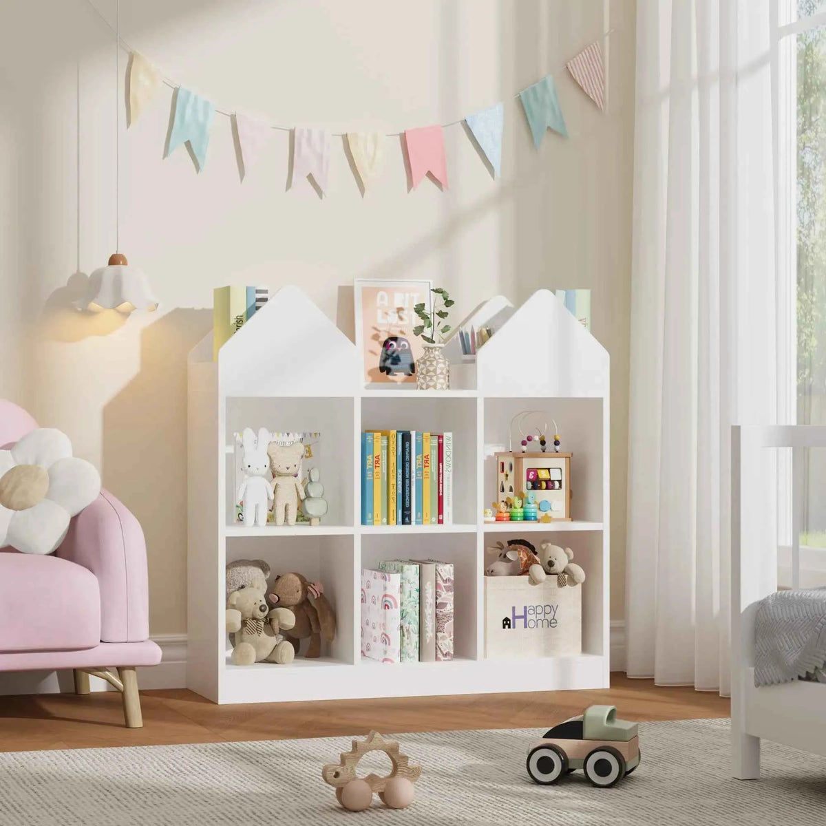Kids Bookshelf And Toy Storage Organizer With 4 Book Racks, 6 Open Cubbies, Castle Design.
