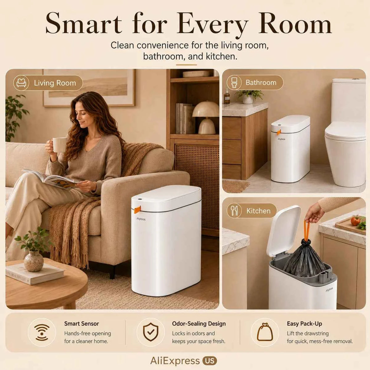 Joybos Smart Trash Can with Auto-Lining, Touchless Sensor Garbage Bin + Free Drawstring Bags, No-Mess Pull & Lift Wastebasket