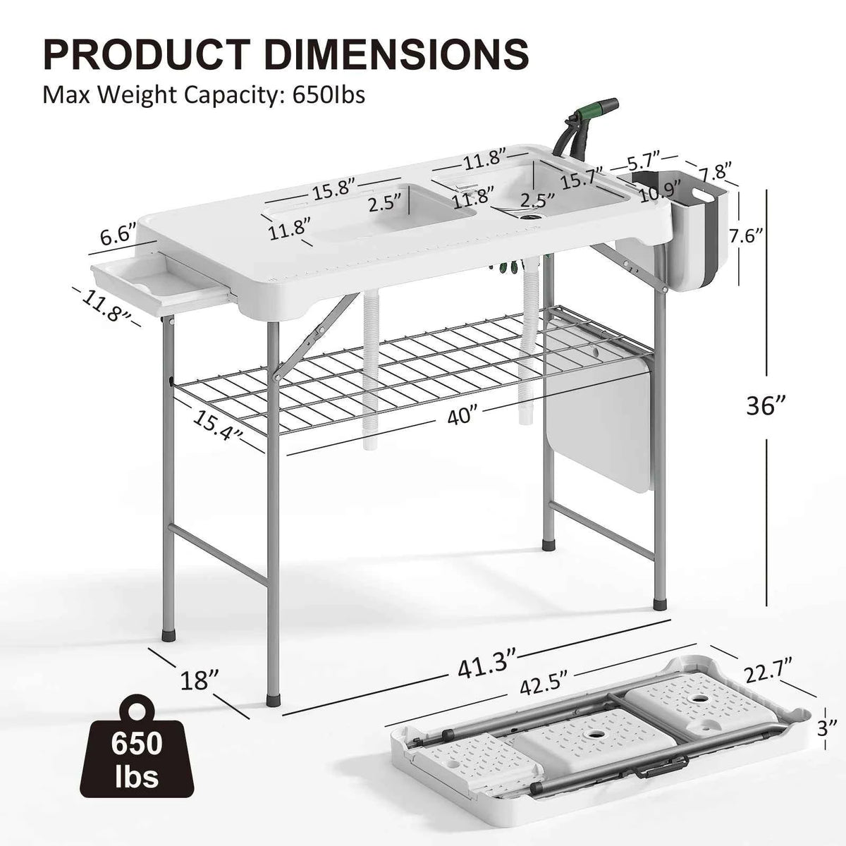 Folding Table with Sink, Portable Outdoor  with Faucet, Sprayer, Grid Rack & Storage Box. For Fishing, Picnic, Beach & Patio