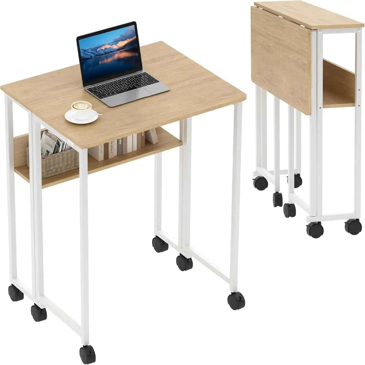 Folding Desk with Storage Shelf on Wheels. Space Saving Computer Desk, Easy Assembly, for Home, Office, & Small Space