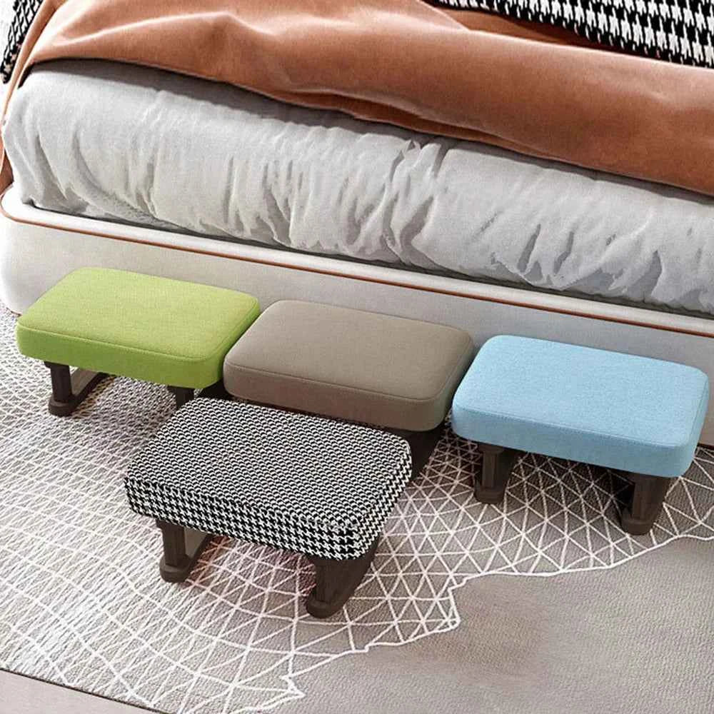 Solid Wood Rocking Footstool with Linen Upholstered Padded Ottoman. Portable.  Small Shoe Changing Bench. Low Foot Rest Stool.