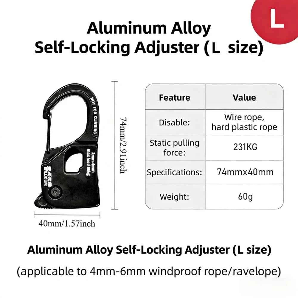 1×Aluminum Alloy Tent Rope Tensioner. Stainless Steel. Self Lock Rope Adjuster 2-10mm. Anti-Slip Tarp Tightener. Outdoor Accessories