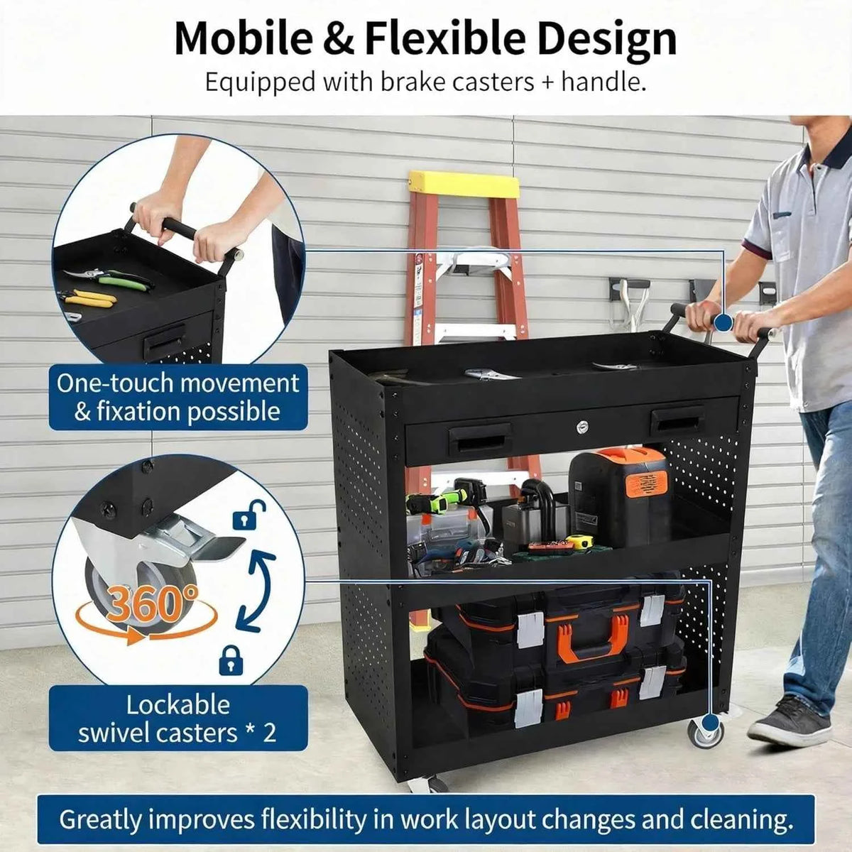 27 Inch Rolling Tool Cart, 3 Tier Steel Utility Cabinet with Drawer, Mobile Storage Organizer with Locking Casters for Garage Workshop Office, Black