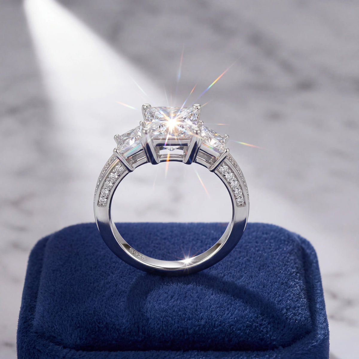 Princess Cut Three Stone Moissanite Ring, S925 Silver, D Color VVS1, 3ct, Hip Hop, Passes Diamond Tester