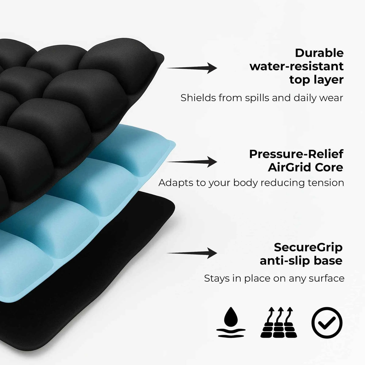 Adjustable Press-to-Inflate Seat Cushion | Pressure Relief for Office, Car & Airplane, Fabric Breathable & Anti-Slip,