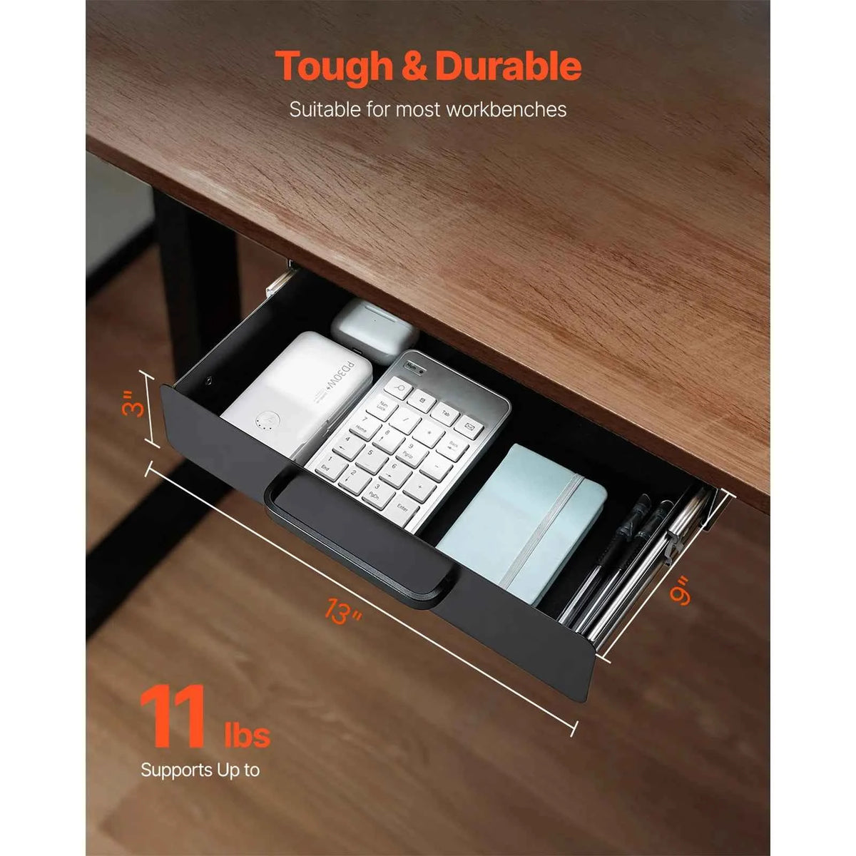13in/22in Under Desk Drawer, Slide Out Desktop Storage Box Mounted Pullout Undertable Drawer Organizer 