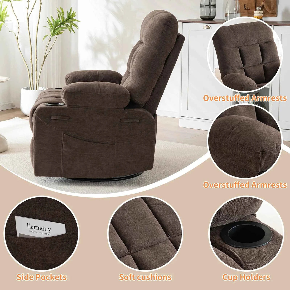 360° Swivel Rocker Recliner Chair with Cup Holders & Side Pockets,