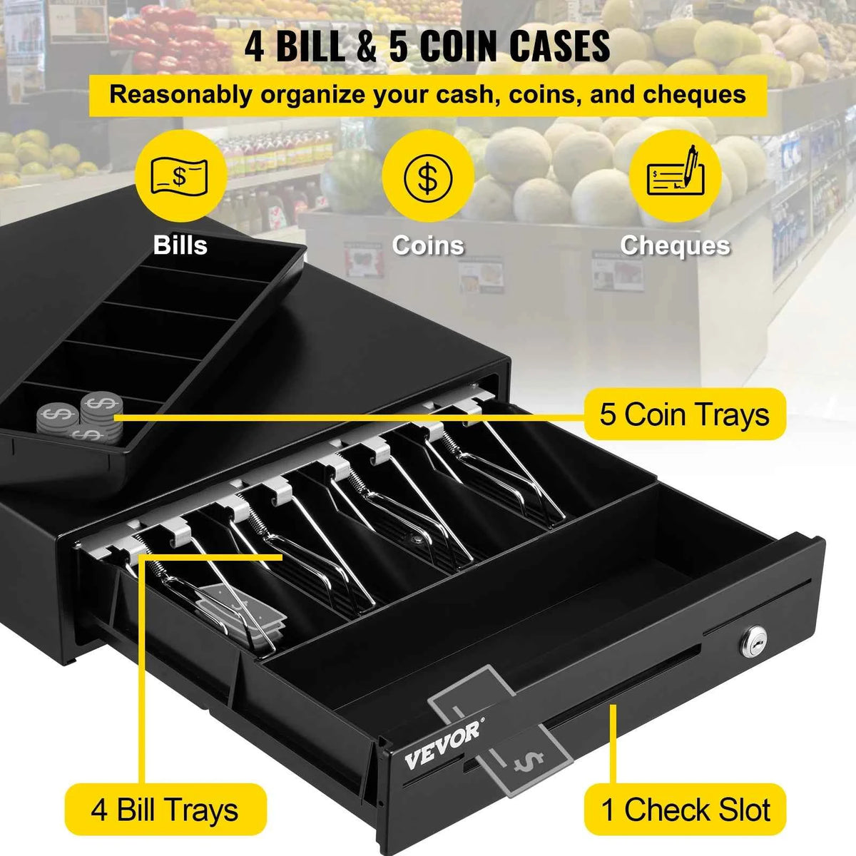 Cash Register Drawer 16" 12 V for POS System Tray.  Removable Coin Compartment & 2 Keys Included RJ11/RJ12 Cable Drawer