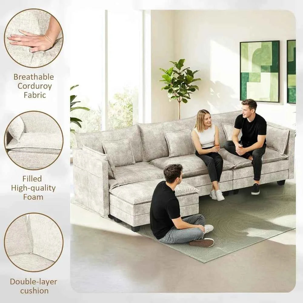 112.5" L-Shape Modular Sofa with Ottoman, Deep Seat Sleeper, 3 Throw & 2 Arm Pillows, Upholstered Furniture , Custom