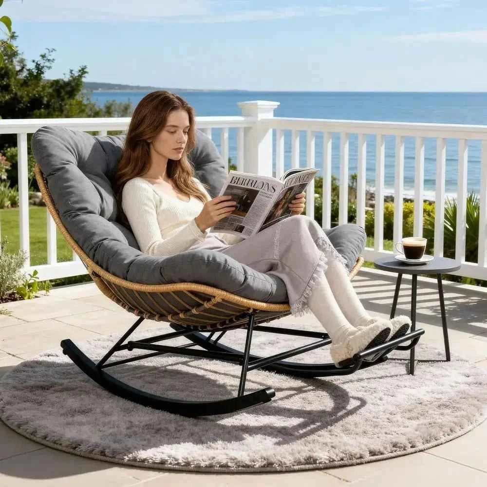 Water-Resistant Wicker Outdoor Lounge Chair, Oversized Patio Chair with Cushion, Adjustable Footrest, Suitable for Garden, Porch