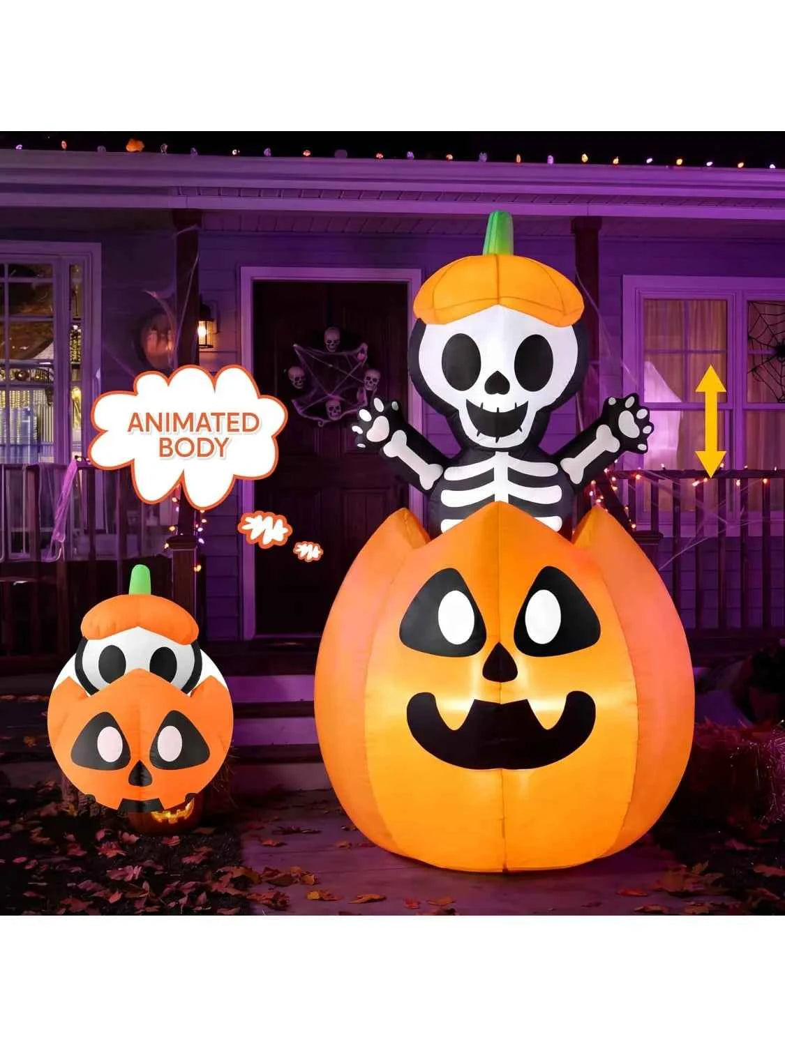 5FT Halloween Animated Inflatables Outdoor Decorations, Inflatable Skeleton On Pumpkin with LEDs, Cute Blow Up Pumpkin Skeleton Decor for Outside Yard