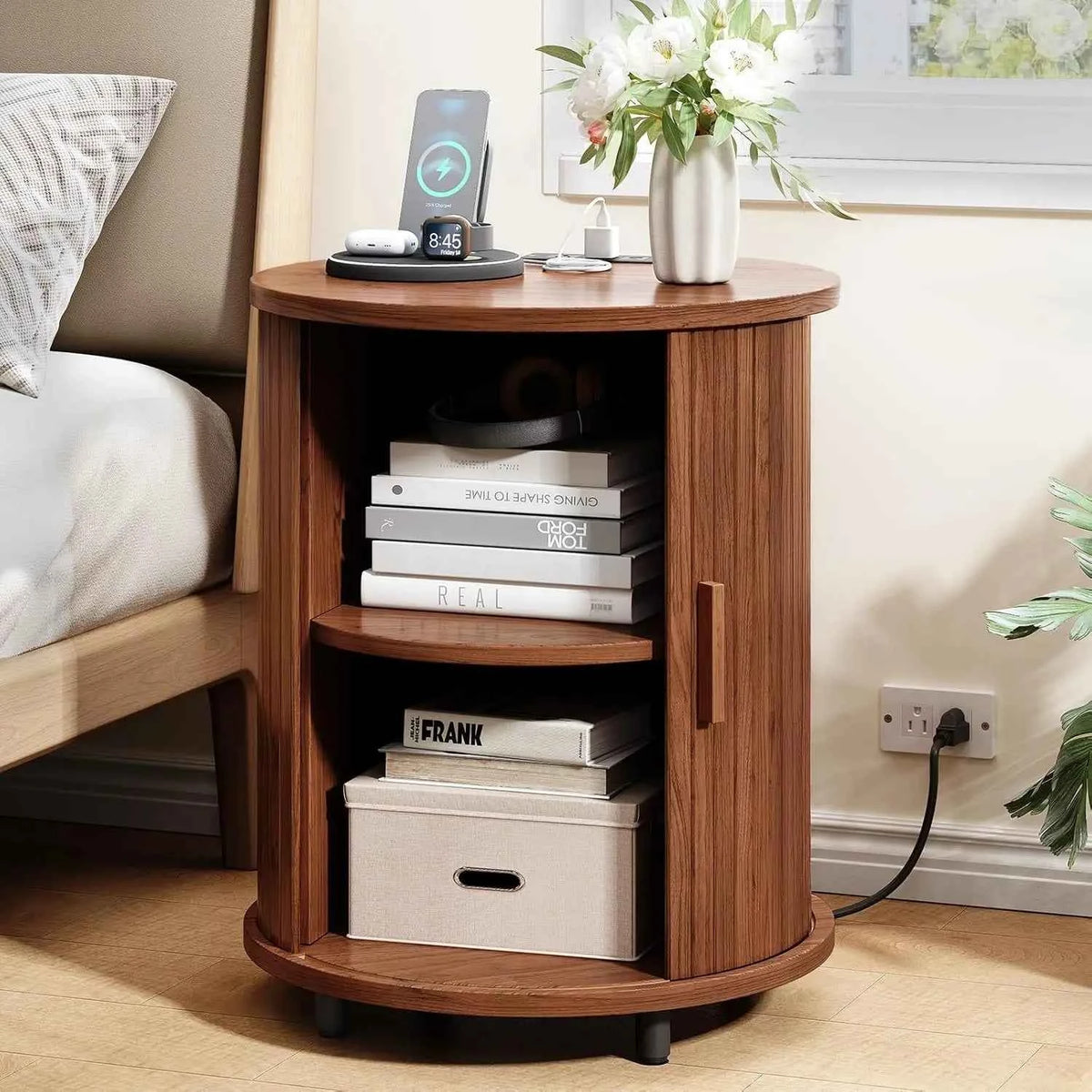 Black Small Round Side Table with Storage, Fluted Nightstand with Charging Station, Modern Bedside Tables, End Tables