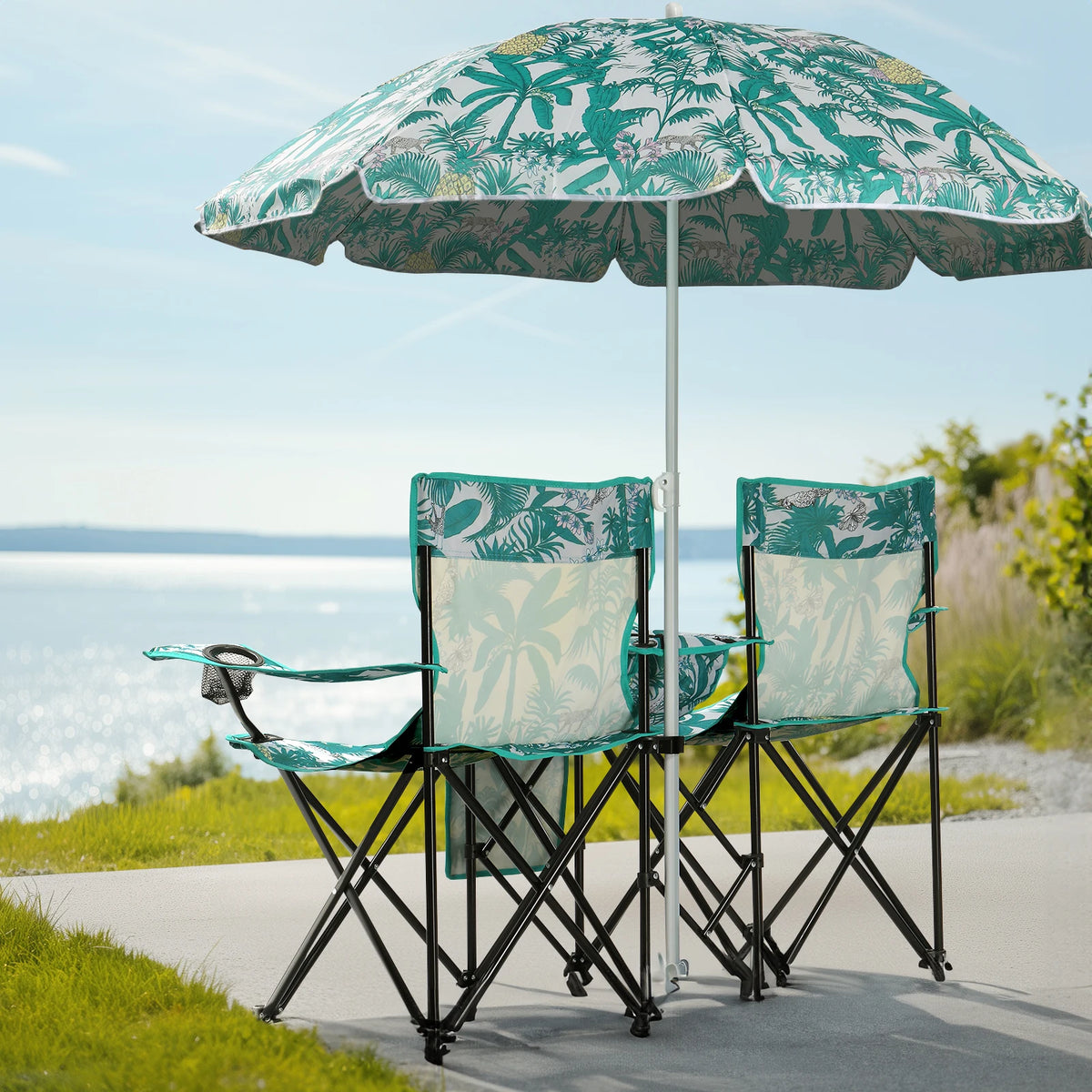 Portable Outdoor 2-Seat Folding Chair with Removable Sun Umbrella, Pineapple