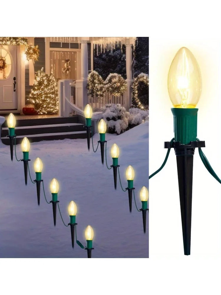 C9 Christmas Pathway Lights, 30.75ft with 24 Bulbs. Outdoor Warm White Light for Holiday. Waterproof, Outside and  Walkways festival lighting