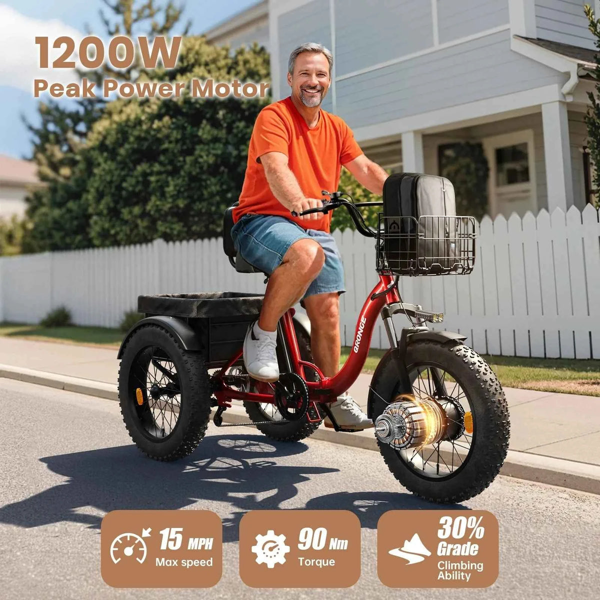 QRONGE Electric Bike for Adults 1200W Peak, 36V, 20AH Battery, Folding Electric Tricycle. 75 Miles Range Max. 20MPH, 20"*4" Fat Tire. Electric Trike