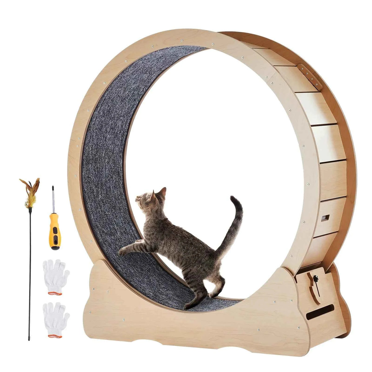 Wooden Exercise Wheel for Indoor Cat .Running Wheel with Detachable Carpet& Cat Teaser