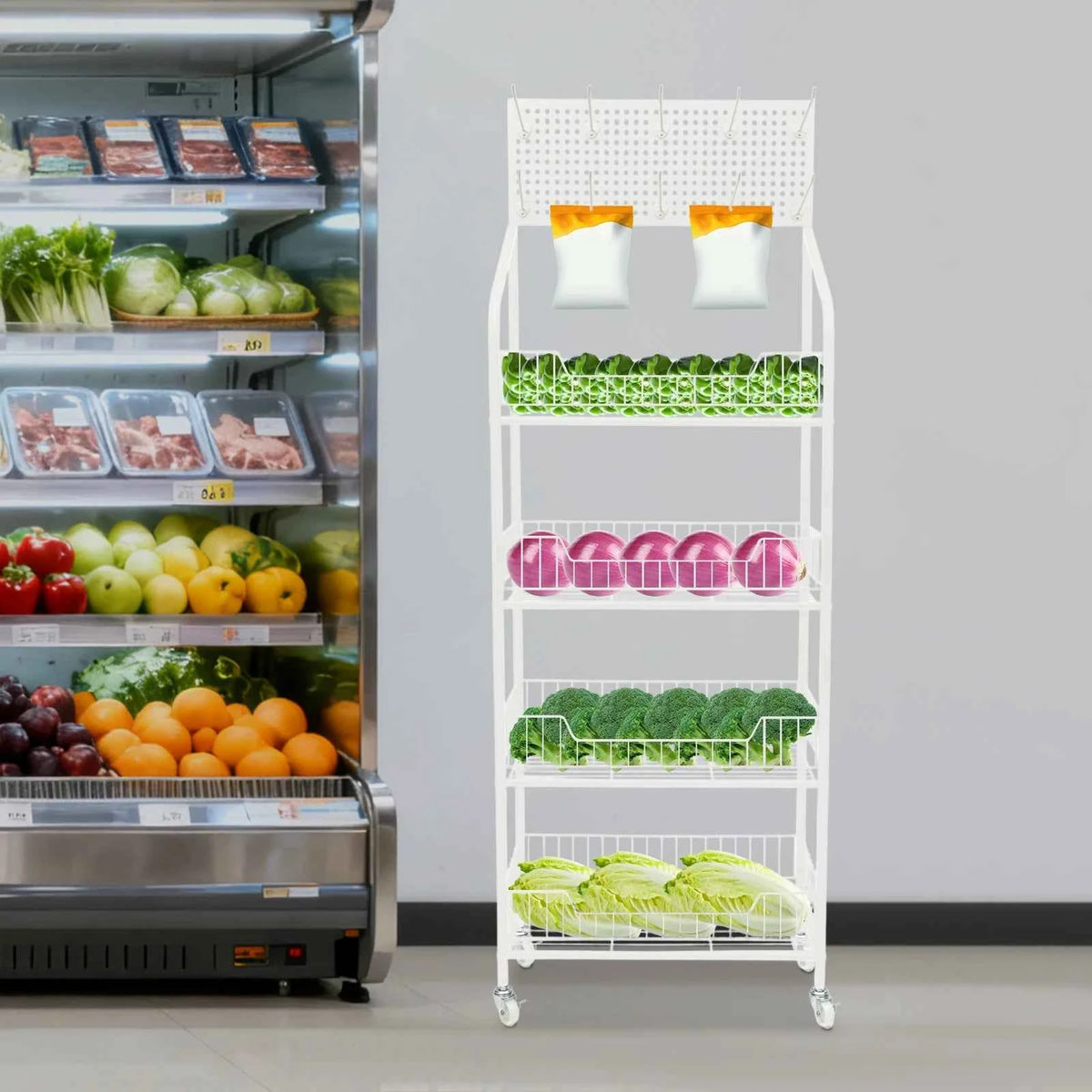 4-Tier Retail Display Rack Stand Snack Rack，Strong Bearing Capacity Iron Stand， Fruits, Toys, Food Display Organizer Stand