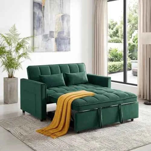 3 in 1 Convertible Sleeper Sofa Bed, 54'' Full Size Velvet Pull Out Futon Couch. With Reclining Backrest & 2 Pillows