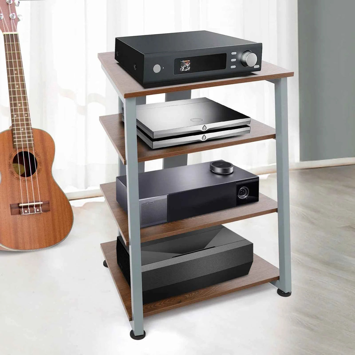 4‑Tier AV Media Stand with Cable Management. Carbon Steel Stereo Rack for Home Theater.