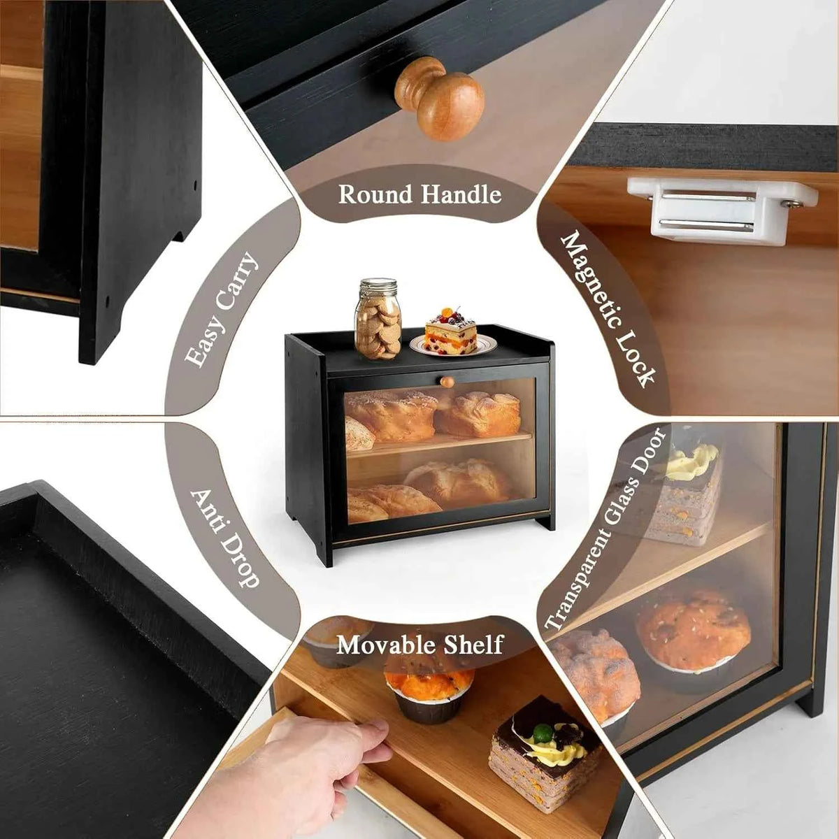 2 Layer Large Capacity Bamboo Bread Box with Tempered Glass Window, Farmhouse Kitchen Countertop Storage Container .
