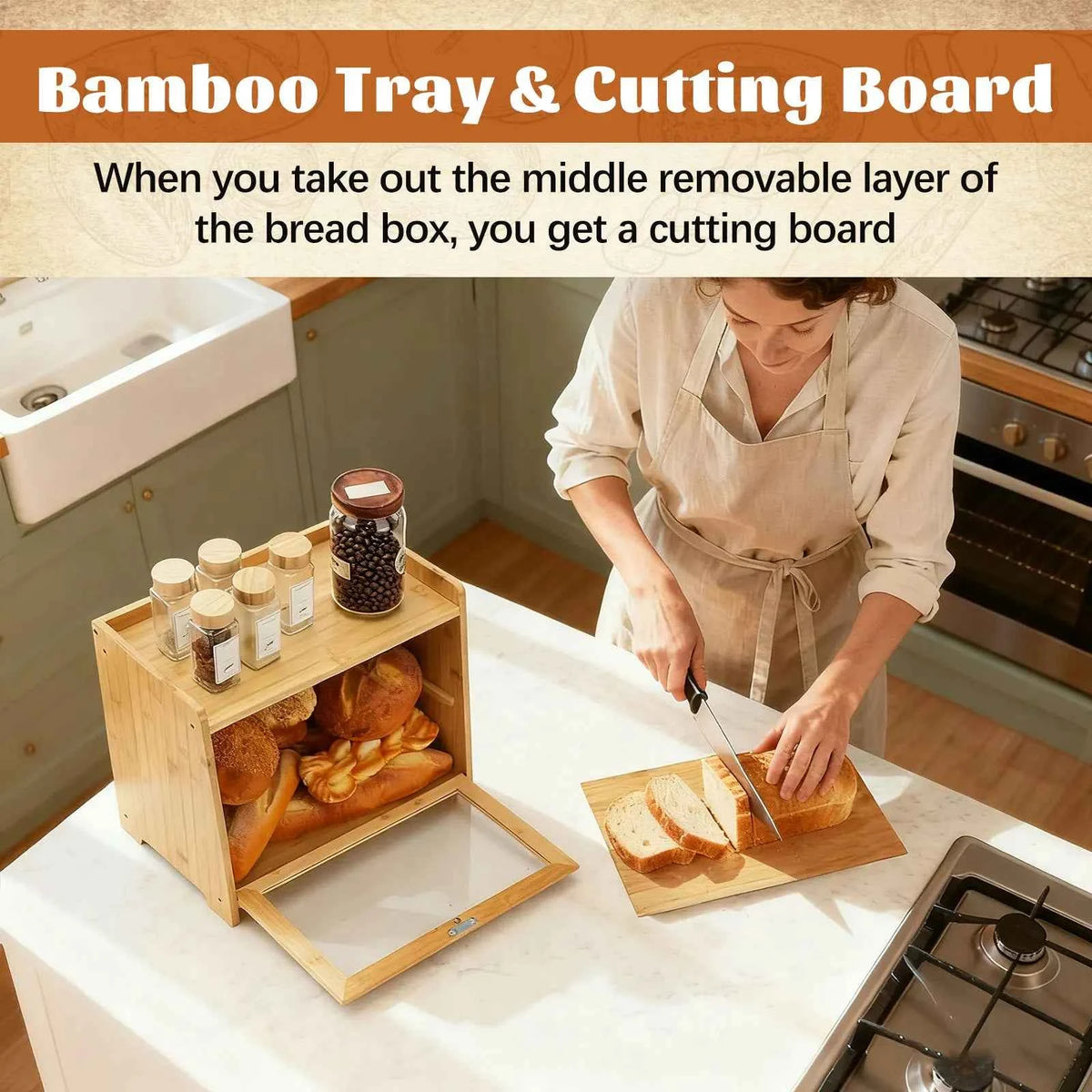 Bamboo Bread Box for Kitchen Countertop(Natural), Double Layer with Window,  Farmhouse Style Large Capacity Storage Container