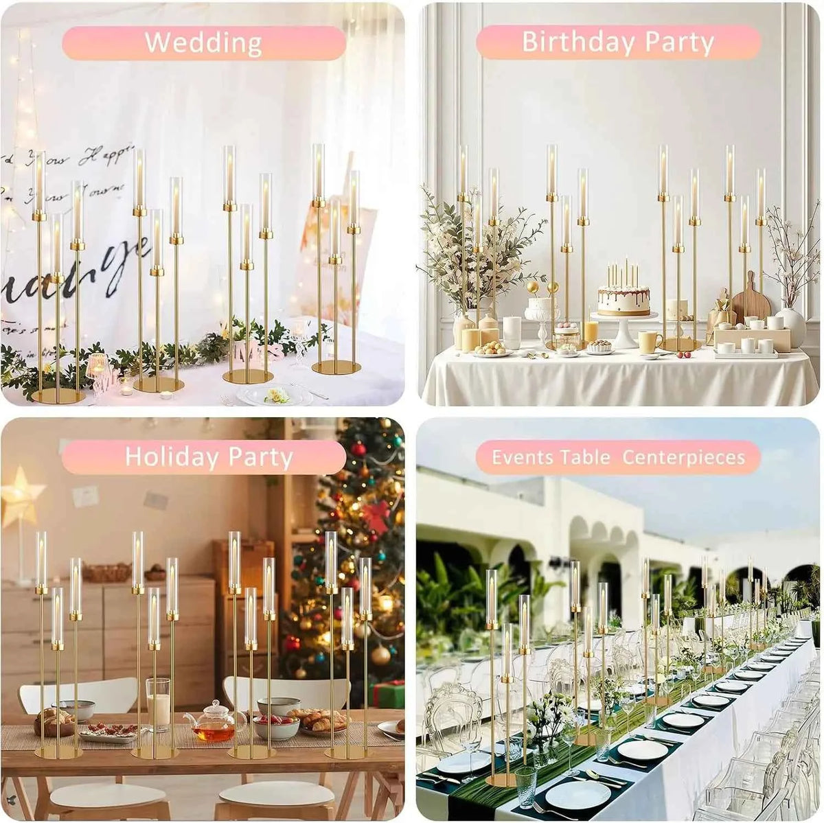 10PCS Gold 3 Arm Candelabra, 34" Tall  Taper Candle Holder Centerpiece for Many Special Events. Metal Candlestick