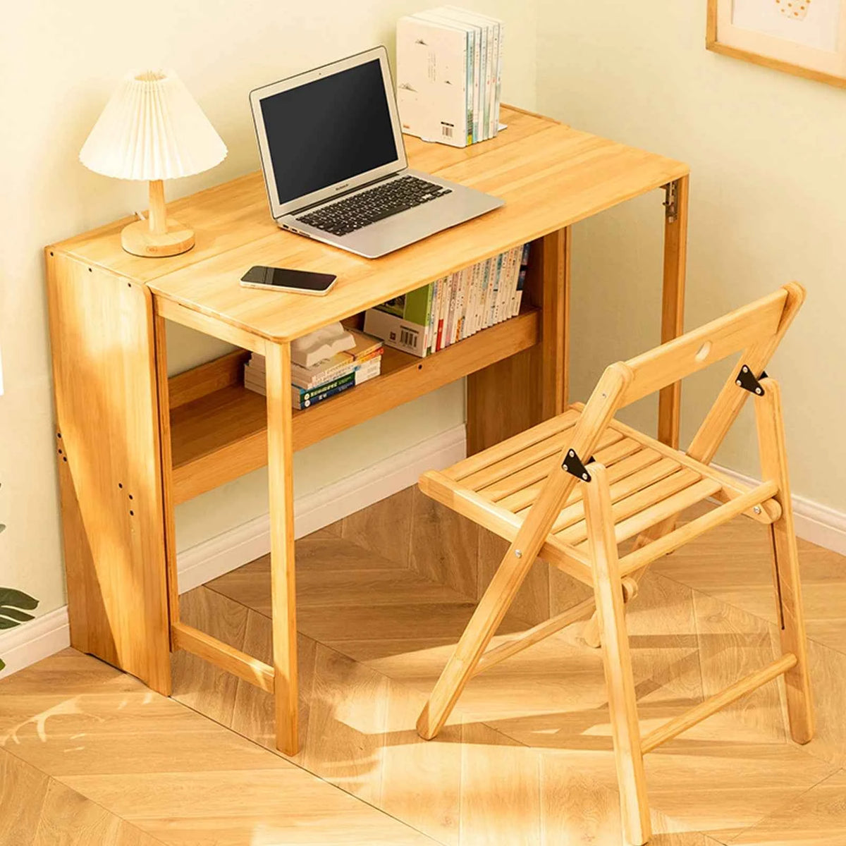 Bamboo Foldable Desk 40.6 Inch, Folding Desks for Small Spaces, Mid Century Small Computer Desk with Bookshelf. Brown, Primary Color