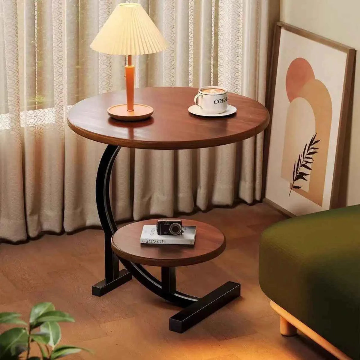Round C Shaped 2 Tier Side Table with Modern Faux Marble.  Metal Frame. Space Saving and Small