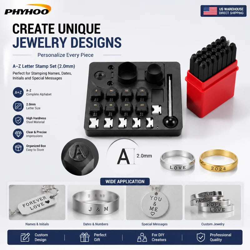 PHYHOO 23PCS Jewelry Making Tool Kit. Ring Sizer, Bending Mandrel, Letter Stamp Set, Polishing Repair Tools. DIY, USA