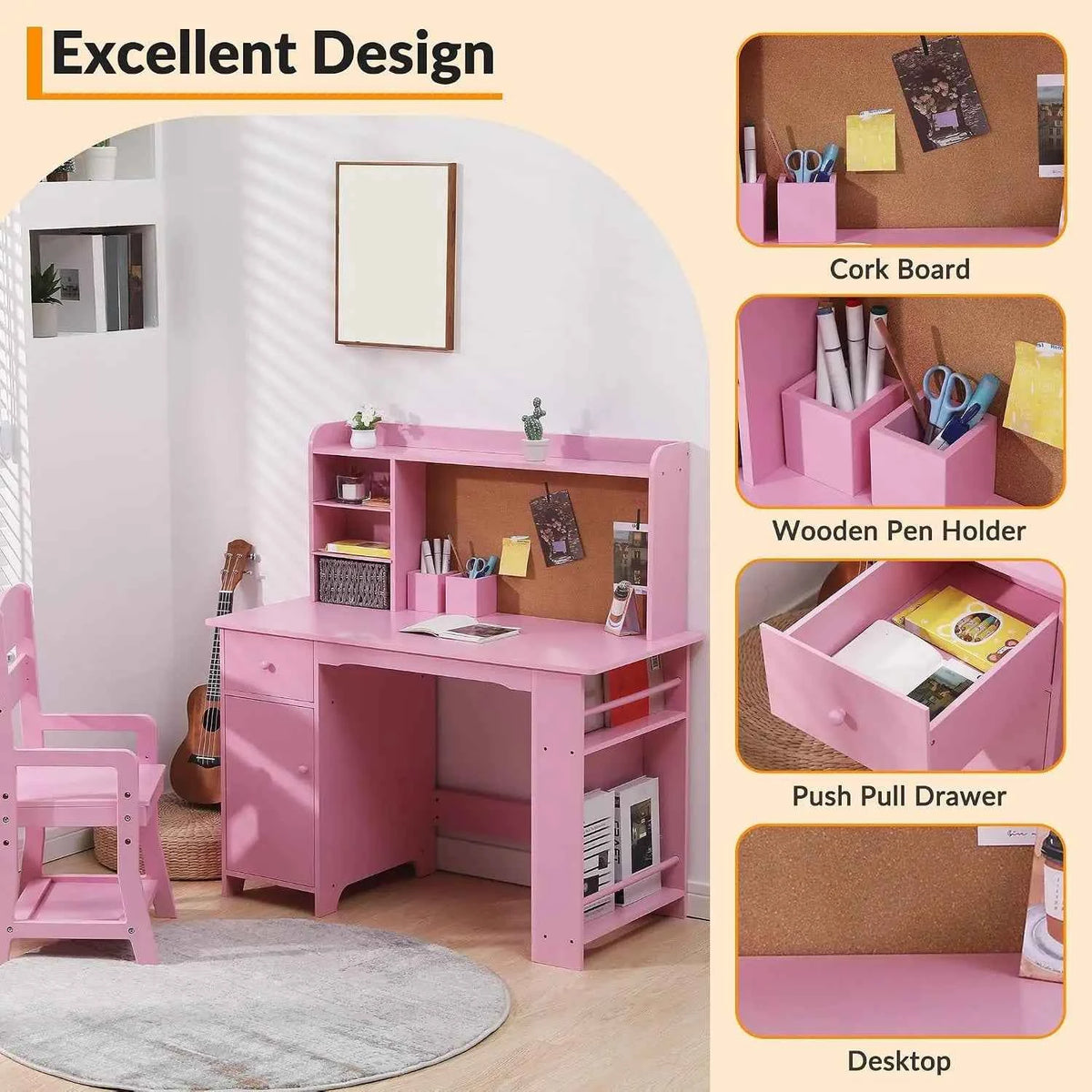 Kids Desk and Chair Set, Wooden Study Table with Bookshelf, Bulletin Board, Storage Shelf, Cabinet & Drawer,  Desk for Ages 3-8, Pink