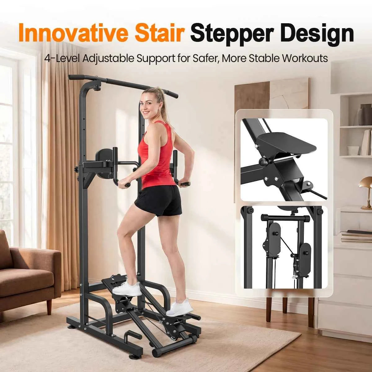 RELIFE Multifunctional Power Tower. Pull Up/ Dip Station. Free Standing Pull Up Bar with Stepper Machine, Adjustable Height Workout Rack. 450LBS Load. Full Body Strength Training Fitness Equipment for Pull Ups Chin Ups Dips L