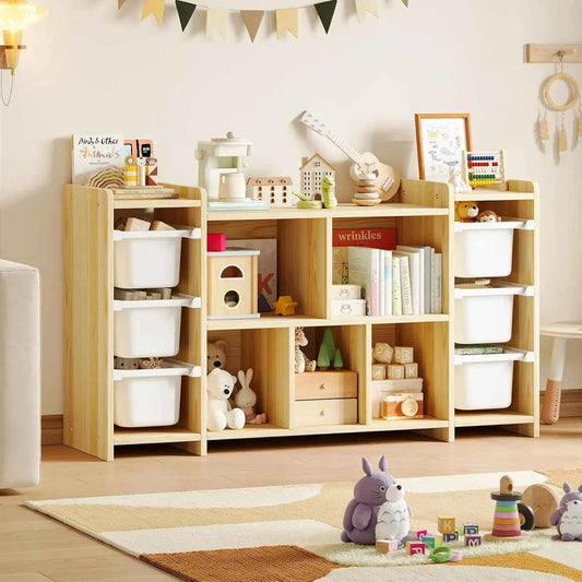 Montessori Kids Bookshelf and Toy Storage Organizer with 8 Shelves and 6 Removable Bins, 100% Solid Pine Wood. Toy Organizers and Storage for Kids Rooms, Playroom, Nursery