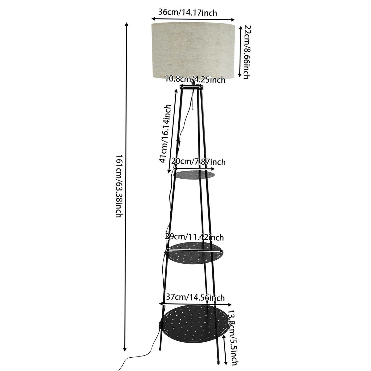 Floor Lamp with 3-Tier Storage Shelves with 3-Color Dimmable E26 Bulb, 120° Wide Illumination 11 lbs per Shelf , Black/Beige