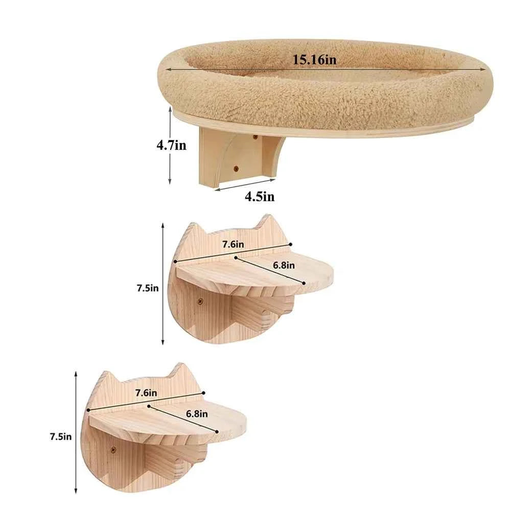 Cat Wall Mounted Solid Wooden Furniture & Climbing Ladder and Cat Hammock with Scratching Post for Activity Indoor Cats Perches