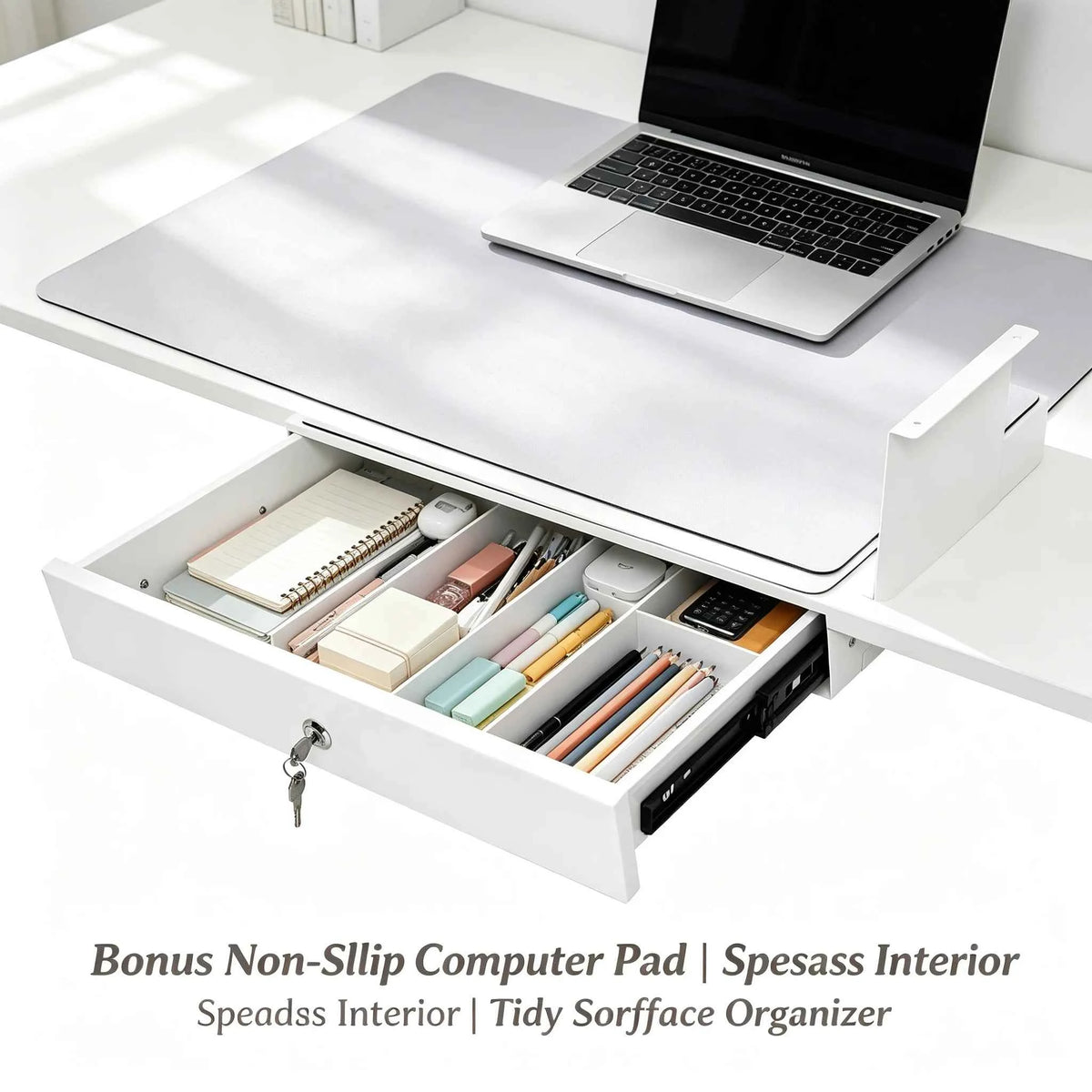 Under Desk Sliding Pull-Out Drawer with Lock & Computer Pad, Under-Mount Storage Organizer for Desks, 18x14x6.9in, White