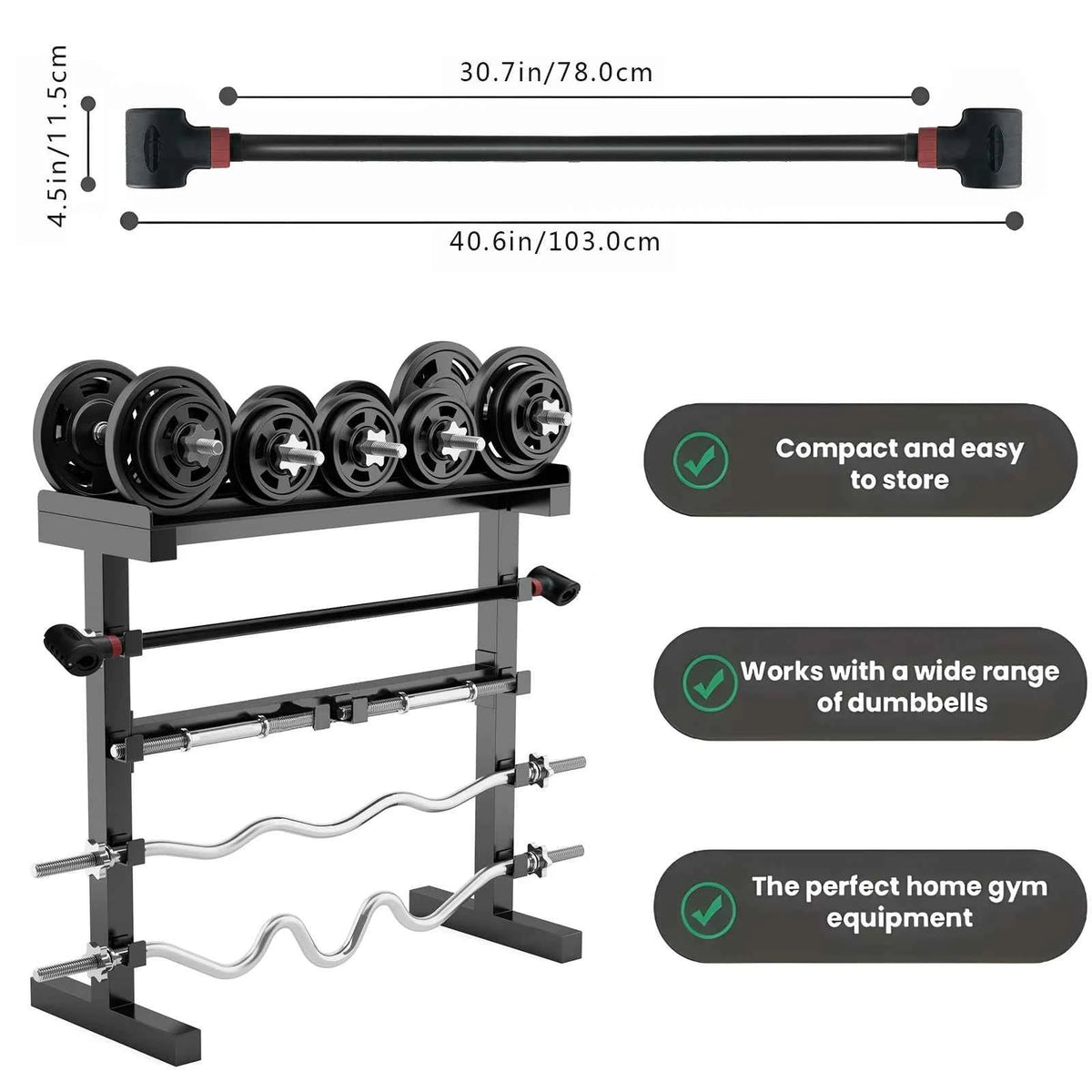 Adjustable Dumbbell Converter to Barbell Set and Kettlebell for Home Fitness. Adjustable Up to 200lb Capacity Weight Barbell