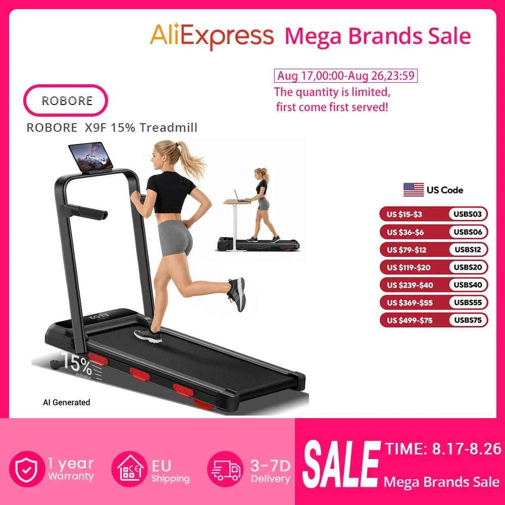 ROBORE  X9F 15% Auto Incline Treadmill, 7.5 MPH Folding Walking Pad with Safety Handle, Quiet Powerful Motor, 12 Speed Levels, 6-Layer Shock Absorption, LED Display Under Desk Treadmill for Home Workout, Walking, Jogging & Ru