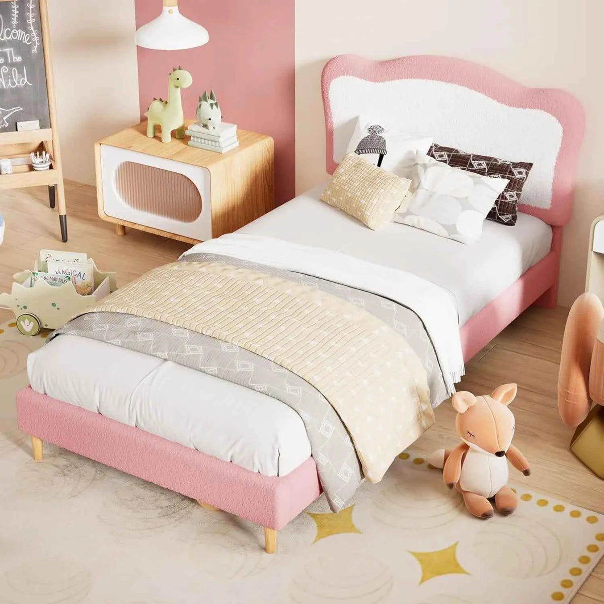 Kids Upholstered Twin Bed Frame with Scallop Headboard, Cute Velvet Twin Bed with Sturdy Platform. No Box Spring Needed, Wooden Slats, Noise Free, Pink & White
