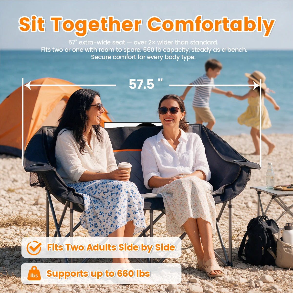 Double Folding Camping Chair, Heavy Duty Oversized 2-Person. 600D Oxford Portable Outdoor Seat with 660LBS Weight Capacity, Cup Holders, Storage Pocket, Ideal for Beach, Fishing, Picnic, Travel
