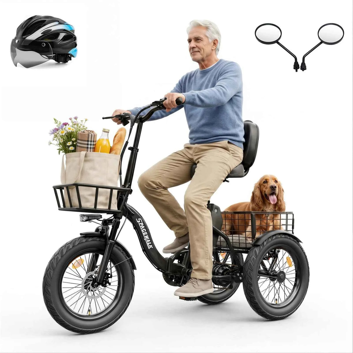 Spacewalk 1200W Peak Electric Trike for Adults, 48V, 15Ah Battery, 3 Wheel Electric Bike with 60 Miles Range, 18×3.0 Fat Tires, Dual Disc Brakes, Rear Cargo Basket, Adjustable Comfort Seat, Folding E Tricycle for Seniors-Bla